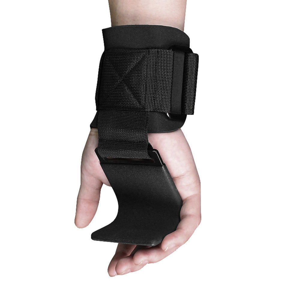 Hook grip securely wrapped around wrist showing padded support and steel hook
