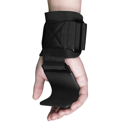 Hook grip securely wrapped around wrist showing padded support and steel hook
