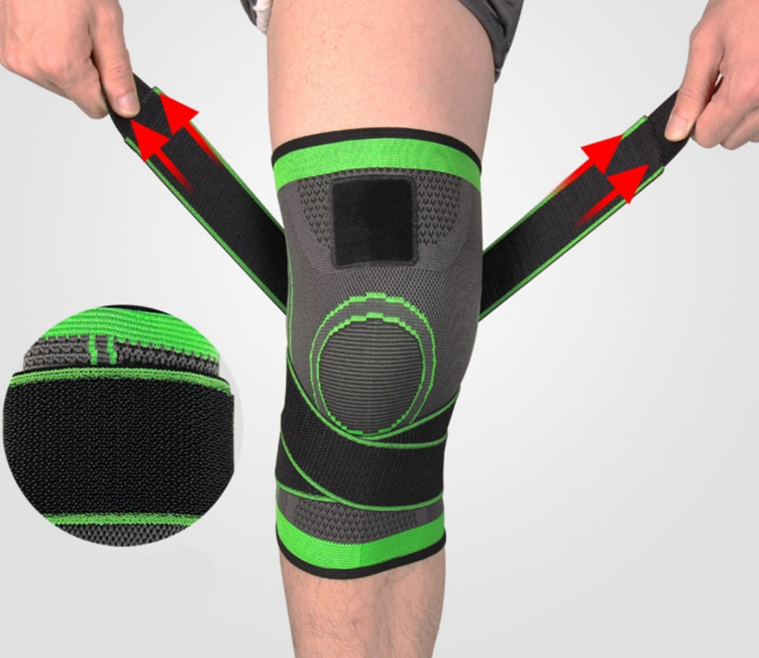 Close-up of adjustable knee wrap showing elastic straps for secure fit