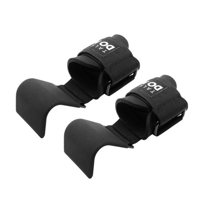 Weightlifting hook grips with padded wrist straps and steel hooks
